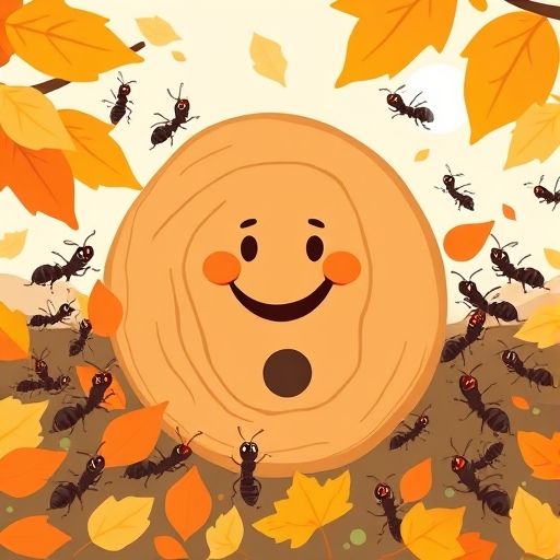 Las hormigas beben felizmente de los agujeros de Roble, que sonríe orgulloso.