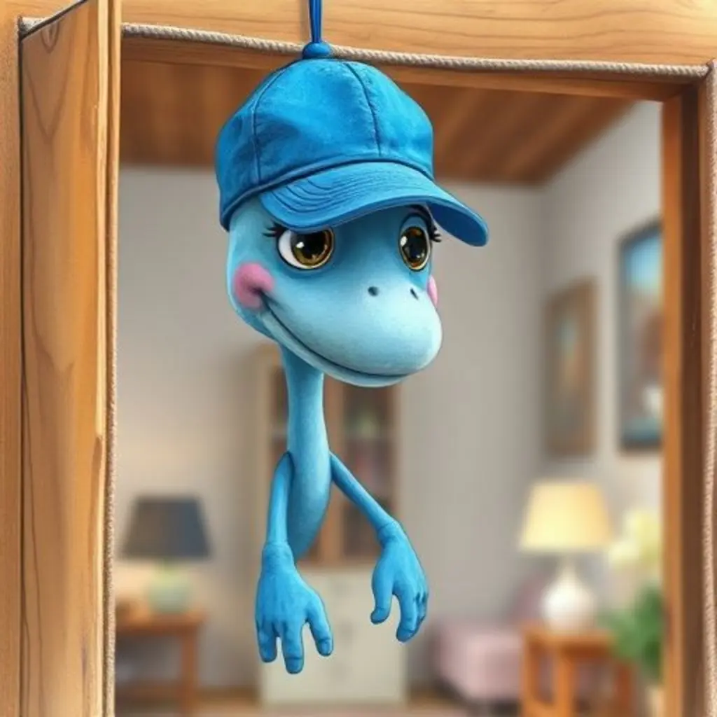 Una gorra azul brillante, Gorrita Cantora, colgando sola en un perchero.