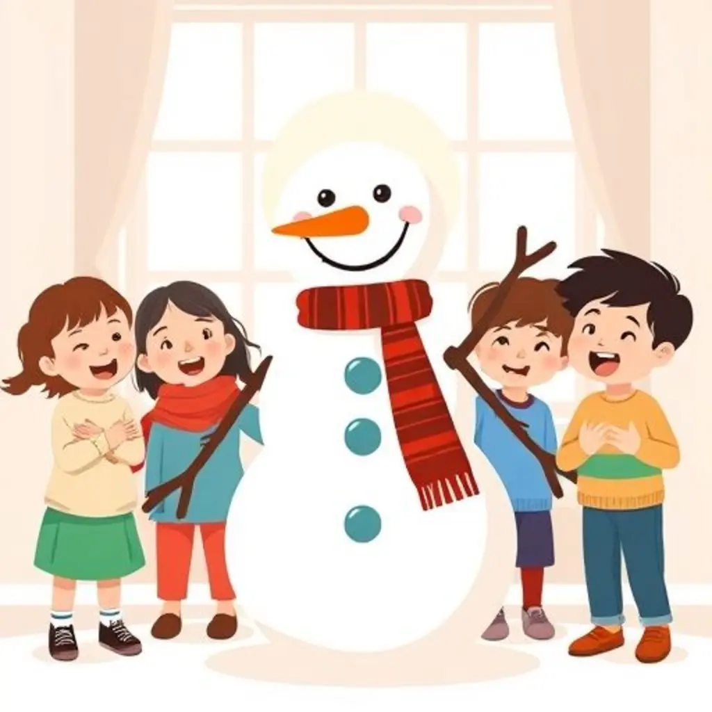 Nevado feliz, rodeado de niños que ríen y comparten recuerdos de nieve en un día soleado.