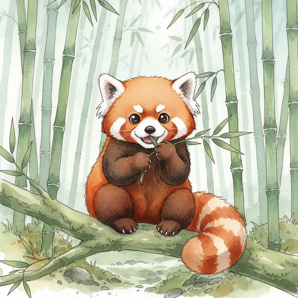 Un panda rojo completo y sonriente sentado en una rama comiendo bambú.