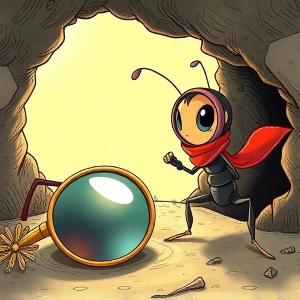 Mía, una hormiga curiosa, mira una lente de sol brillante.