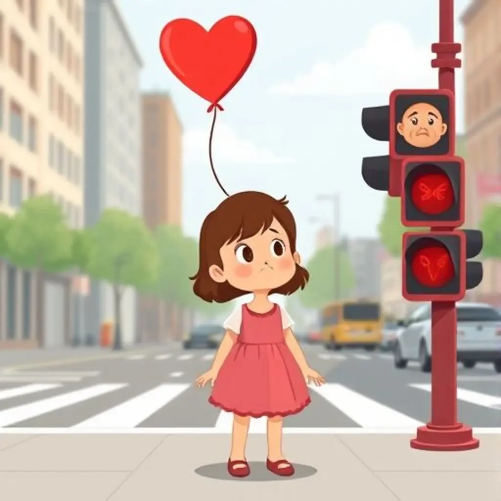 Una niña triste ve cómo su globo rojo se escapa volando, mientras Semáforo Rojo la mira preocupado.