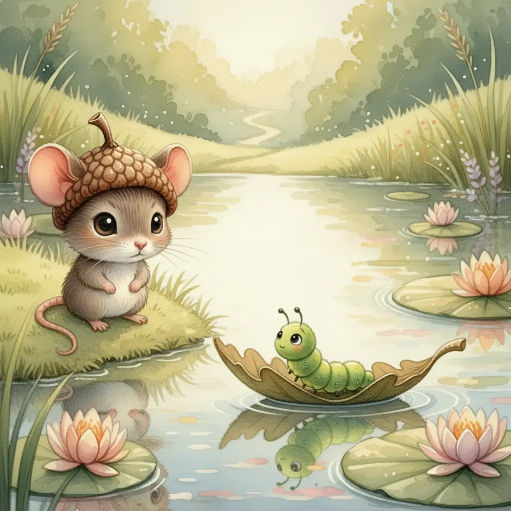 Roco triste en la orilla mientras Cati, una oruga, sube a su barquito de hoja.