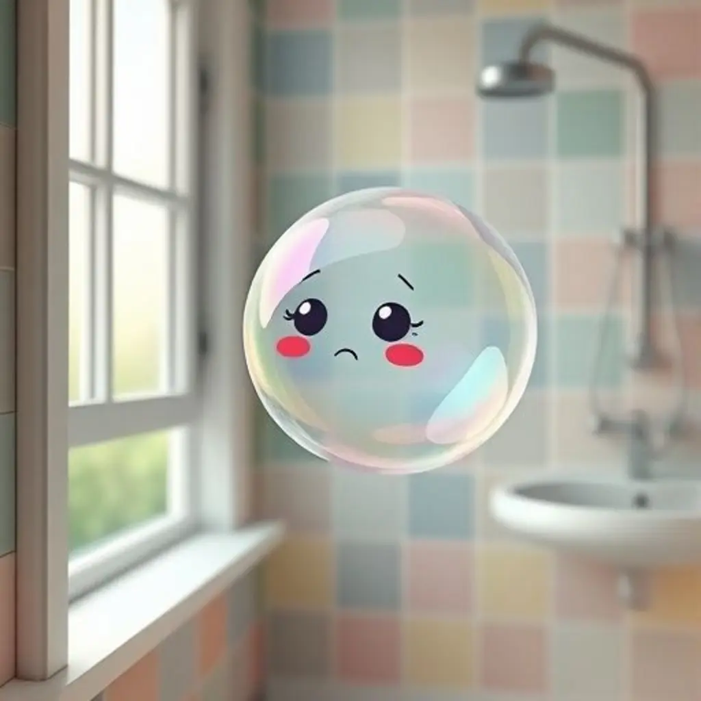 Burbuja Pompona flota con un poco de miedo en el baño, cerca de una ventana abierta.