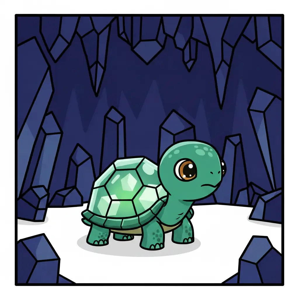 Una tortuga de cristal verde camina sobre arena blanca en una cueva azul.