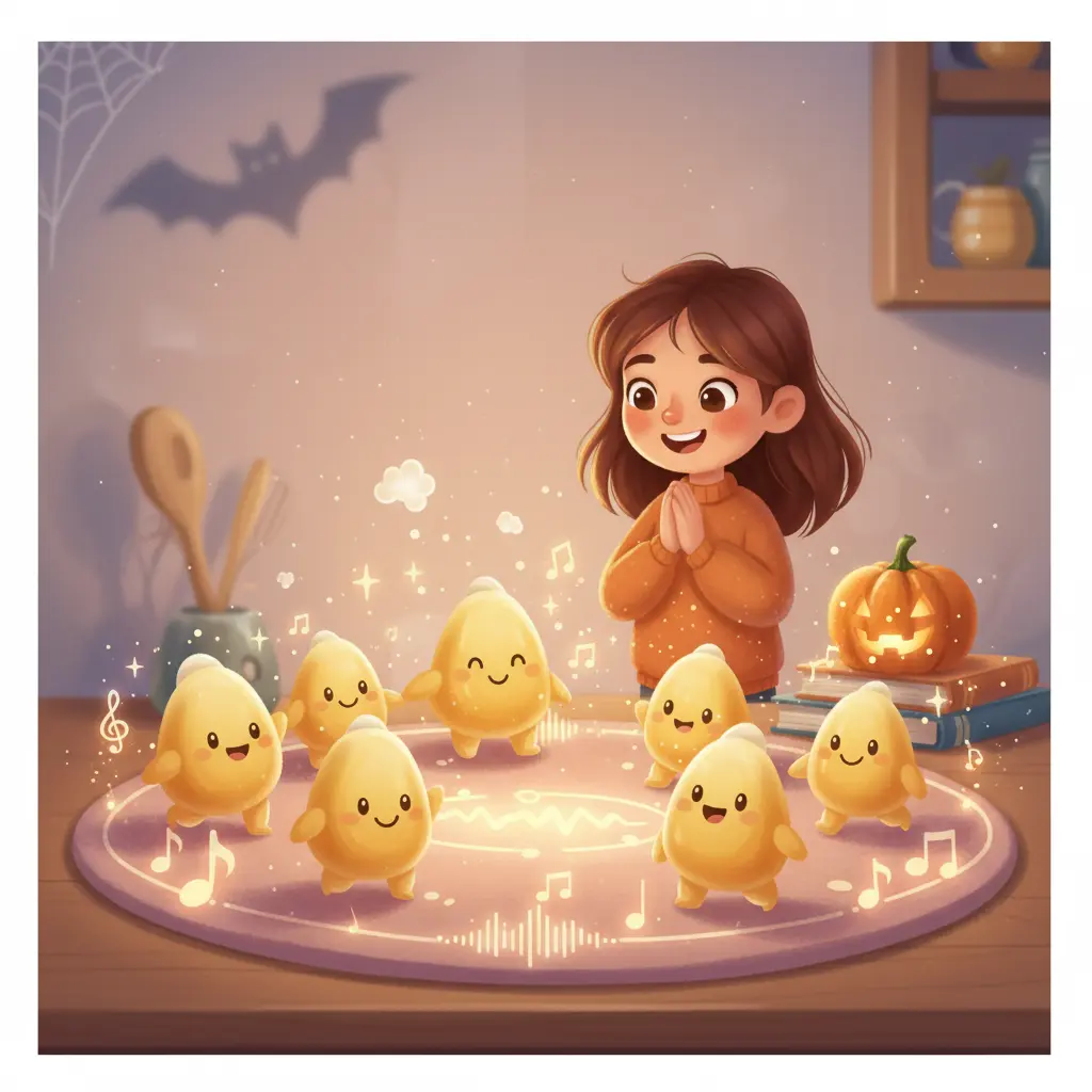 Pepita de maíz y amigos, con Lucía y juguetes, celebrando una noche musical.