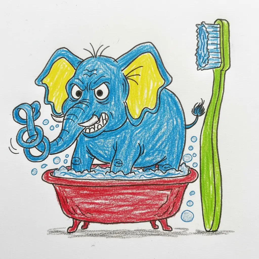 El elefante tiene la cola atrapada en la bañera roja y su trompa está muy enredada.