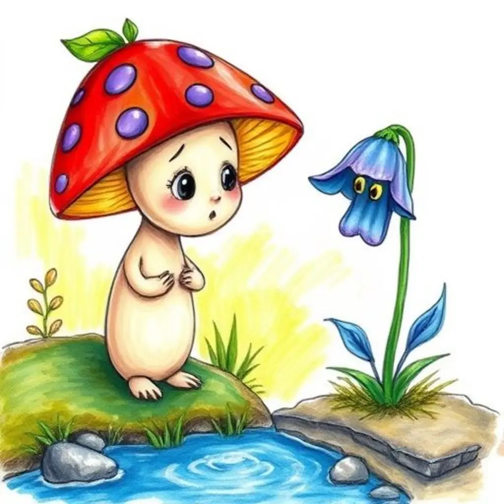 Miko mira con preocupación a Lila, una flor de campanilla triste y marchita, junto a un arroyo burbujeante.