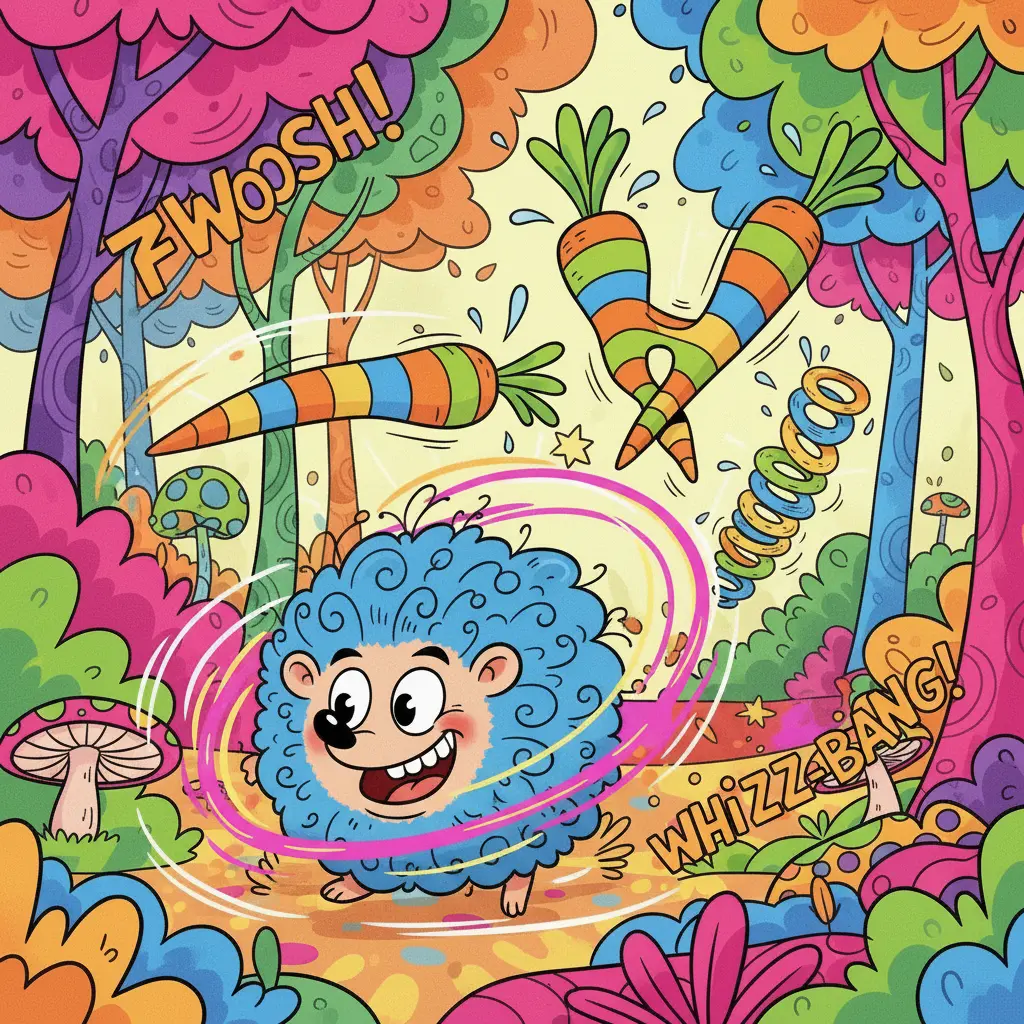 El Erizo Remolino Loco persigue a las zanahorias, girando muy rápido.