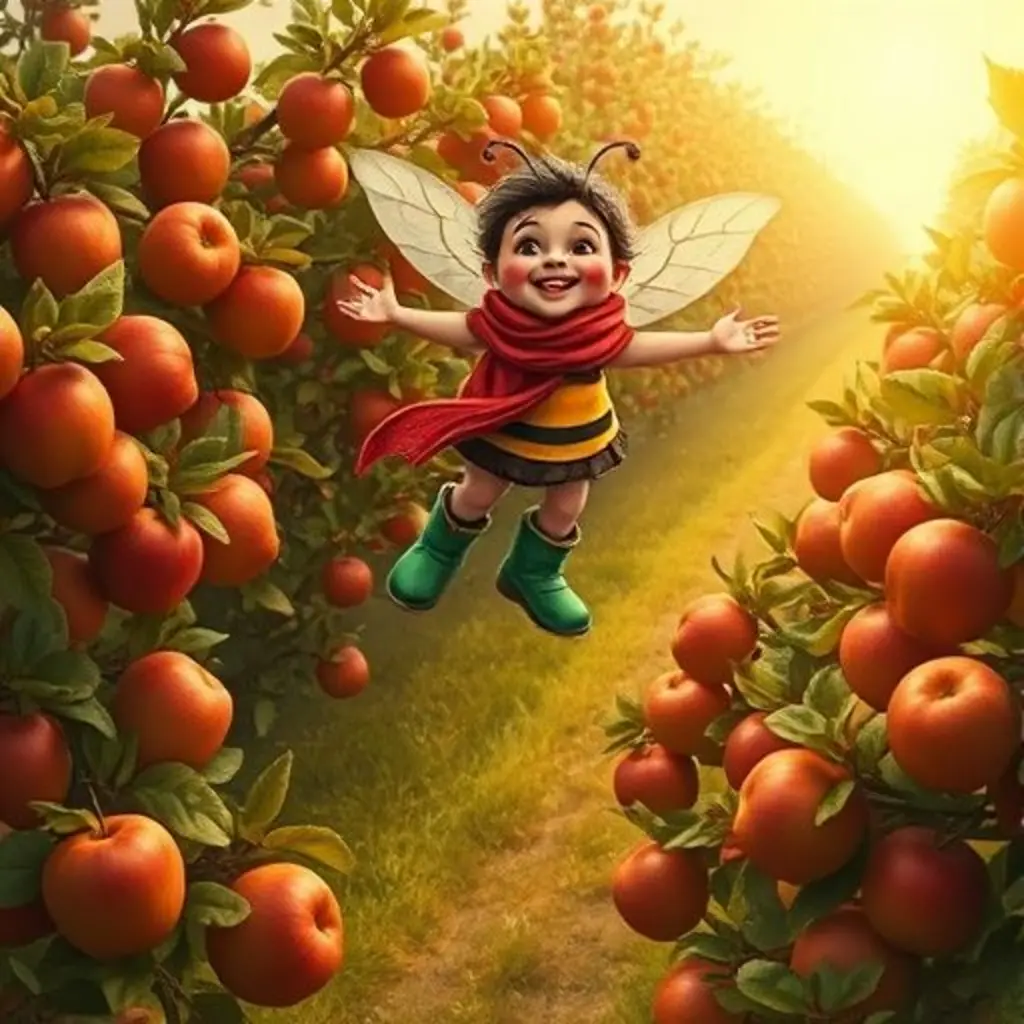 Zumbí vuela sobre el huerto lleno de manzanas rojas y dulces.