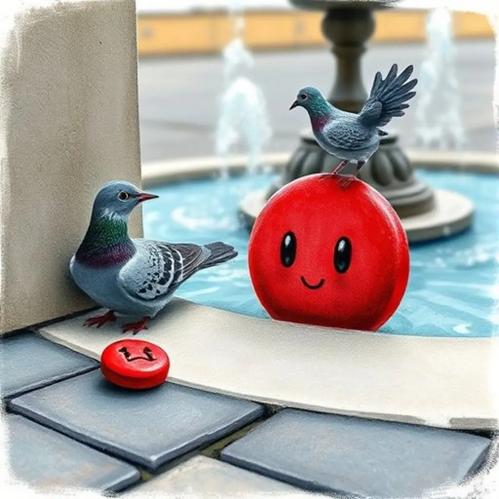 Un pequeño botón rojo con sombrero de marinero, Gulú, asoma tímidamente de una grieta. Una paloma lo mira desde la fuente.