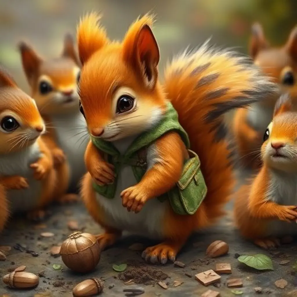 Nuez, una ardilla, frustrada y cavando en la tierra mientras otros la observan.