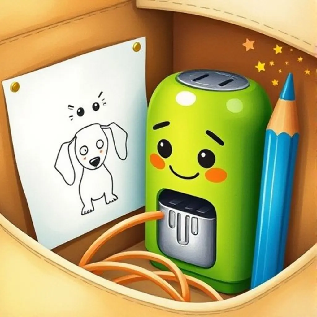 PuntaFina el sacapuntas en su estuche mirando un dibujo triste.