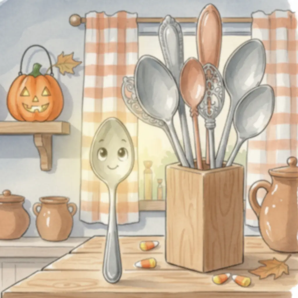 Cucharita Brillo, una diminuta cuchara, mira con melancolía a las grandes cucharas en la cocina.