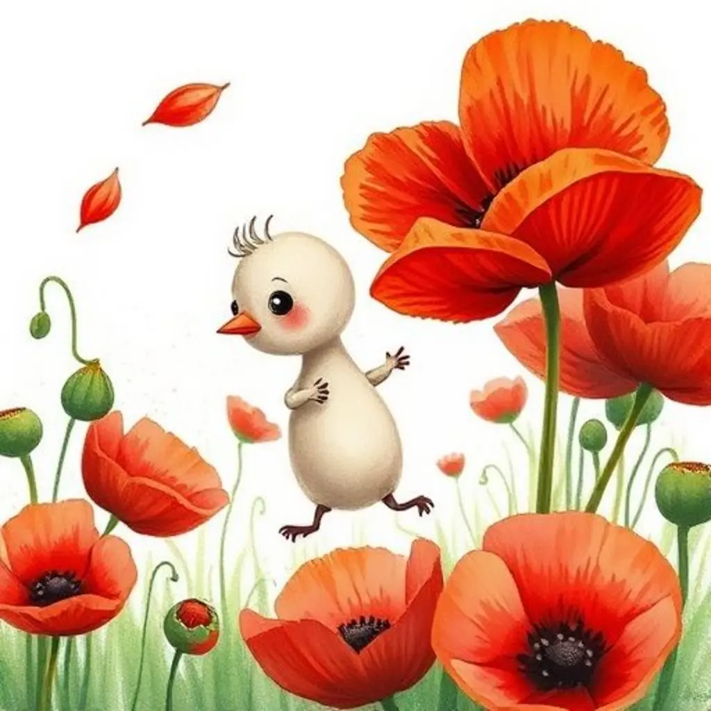 Una pequeña semilla de amapola llamada Pipita baila con otras semillas en un campo de amapolas.