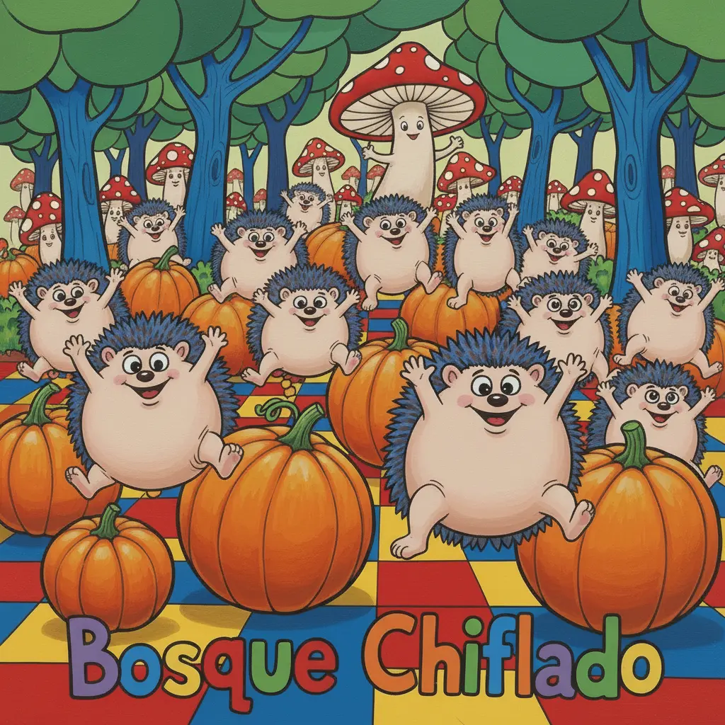 Un grupo de erizos redondos y sonrientes se prepara para una carrera con calabazas en el Bosque Chiflado.