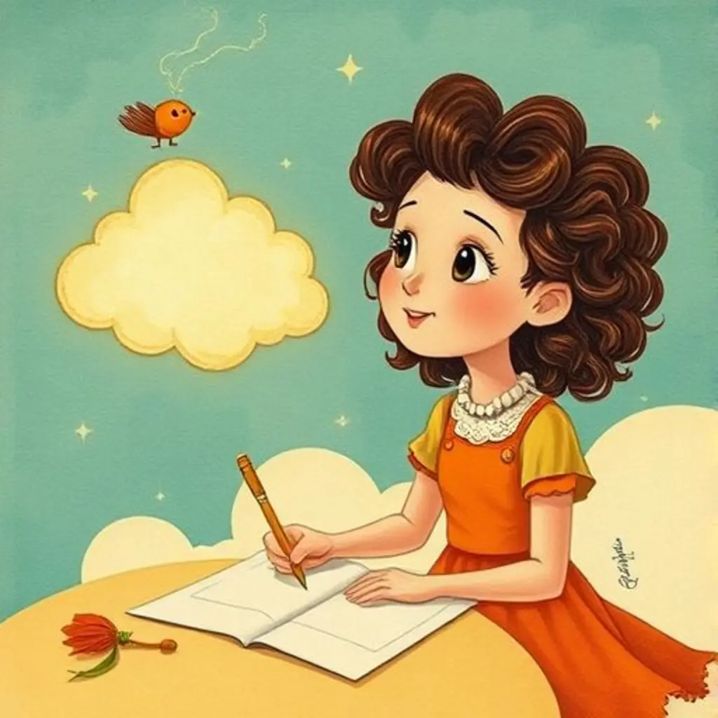 Rizos empuja una 'nube de imaginación' brillante hacia Lía, quien comienza a dibujar con alegría.