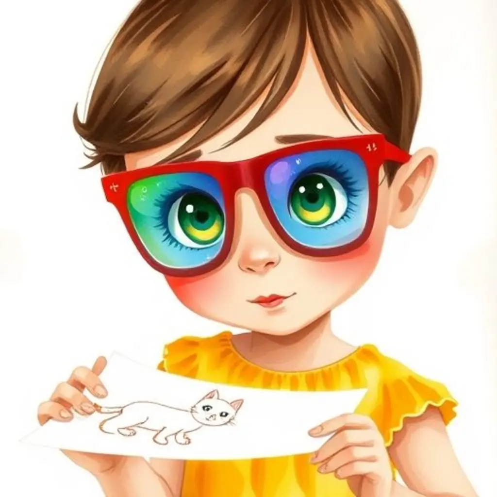 Sofía, con las gafas Visión puestas, mira un dibujo de un gato que cobra vida con colores.