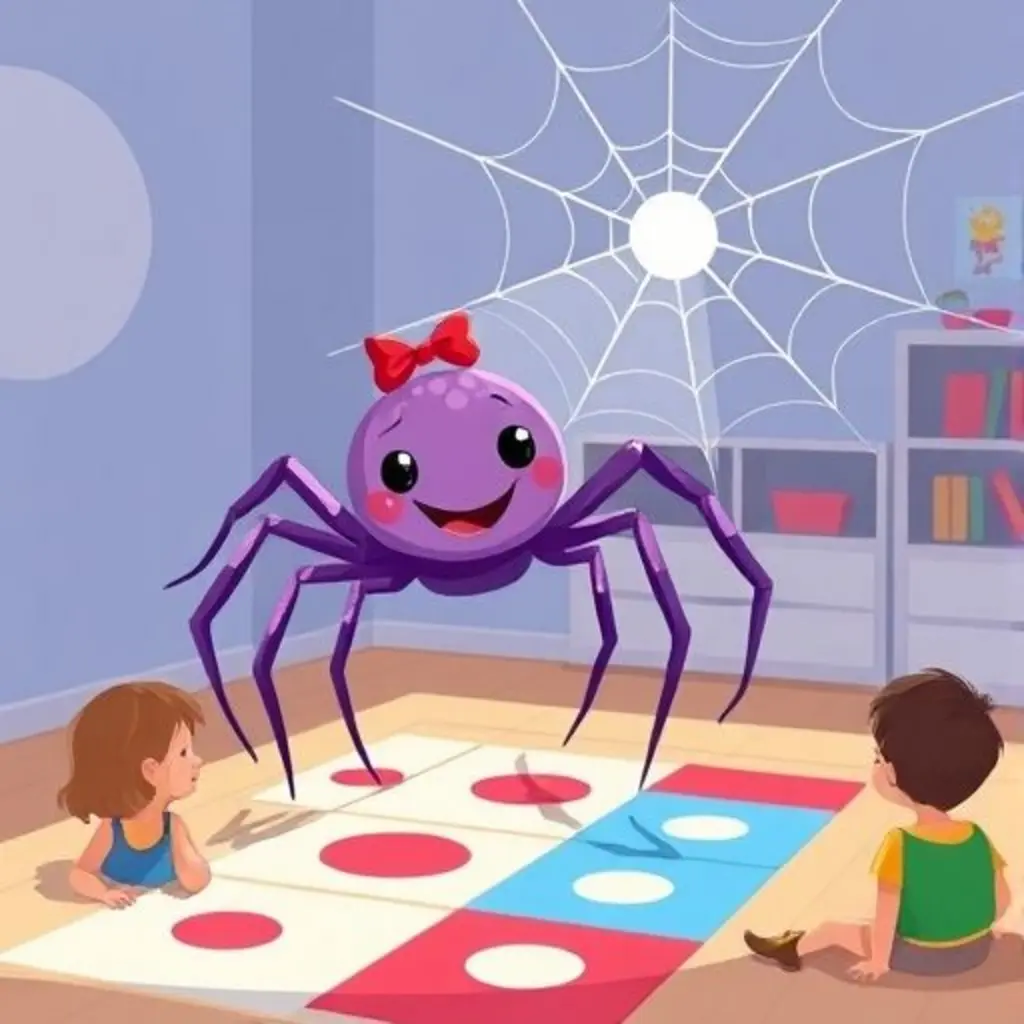 Telaraña está rodeada de una telaraña que atrapa el sol. En el suelo, patrones de luz coloridos asombran a los niños.