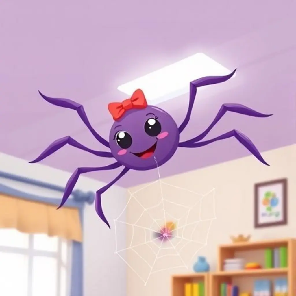 Telaraña, una araña morada con un lazo rojo, sonríe en el techo mientras el sol entra por la ventana.