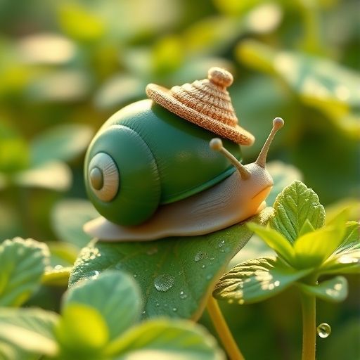 Rizos, el caracol, deslizándose por una hoja de menta en un jardín mágico.