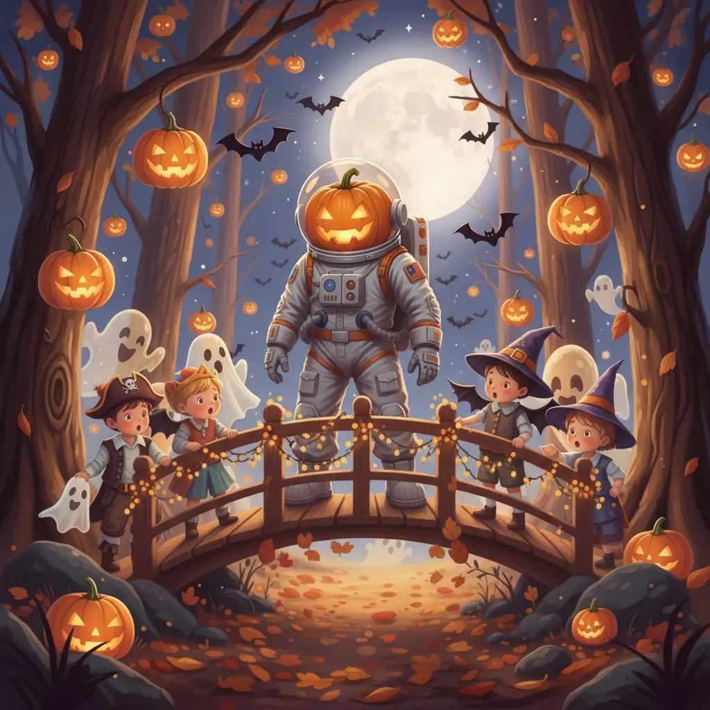 Leo en un puente de madera, rodeado de niños con disfraces mezclados y murciélagos juguetones, bajo una luz cálida del atardecer.