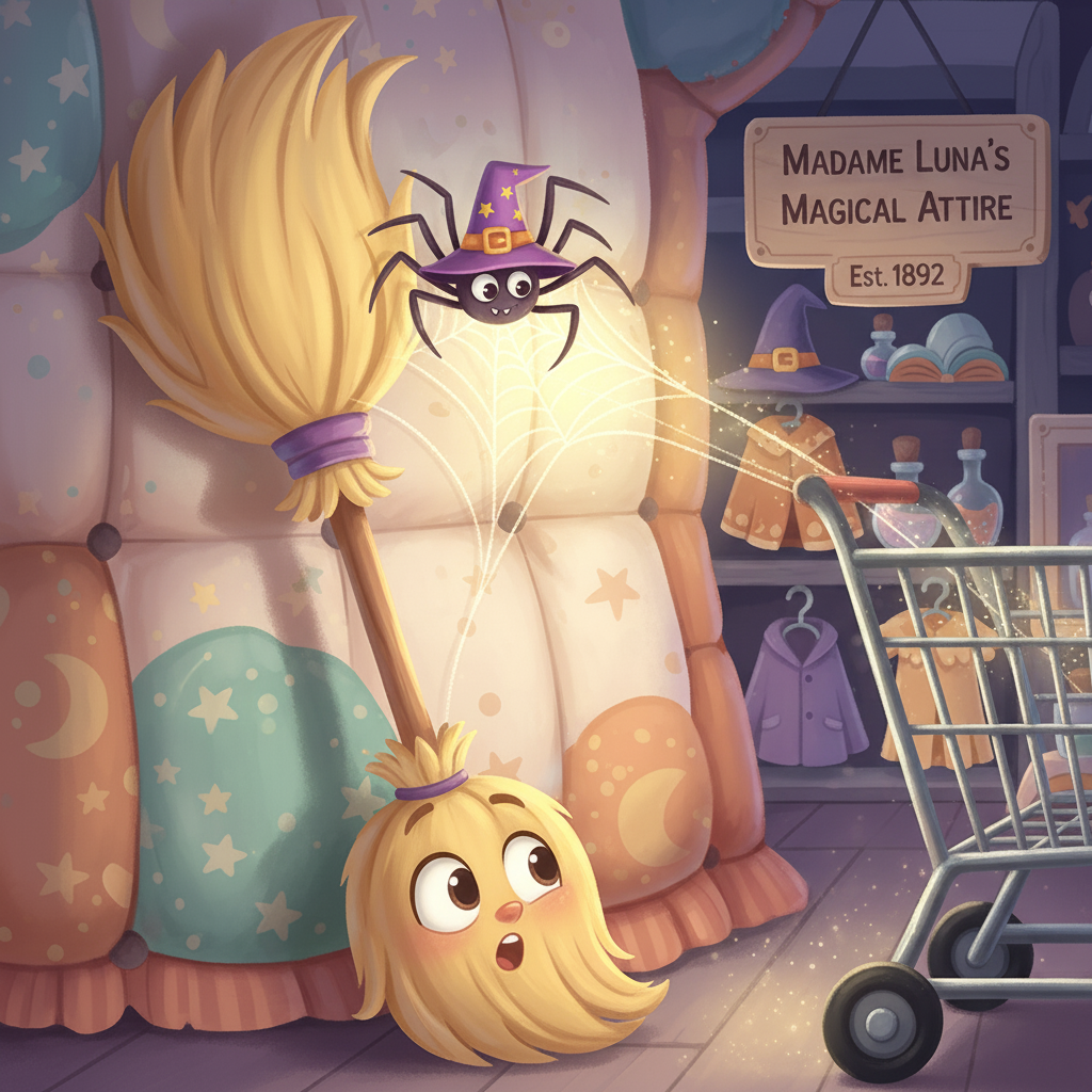 La araña tejiendo una telaraña entre la escoba y un carrito de compras.