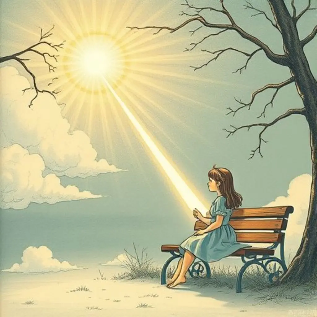 Un fino rayo de luz sale de Titín y viaja hacia la Tierra, lleno de esperanza.