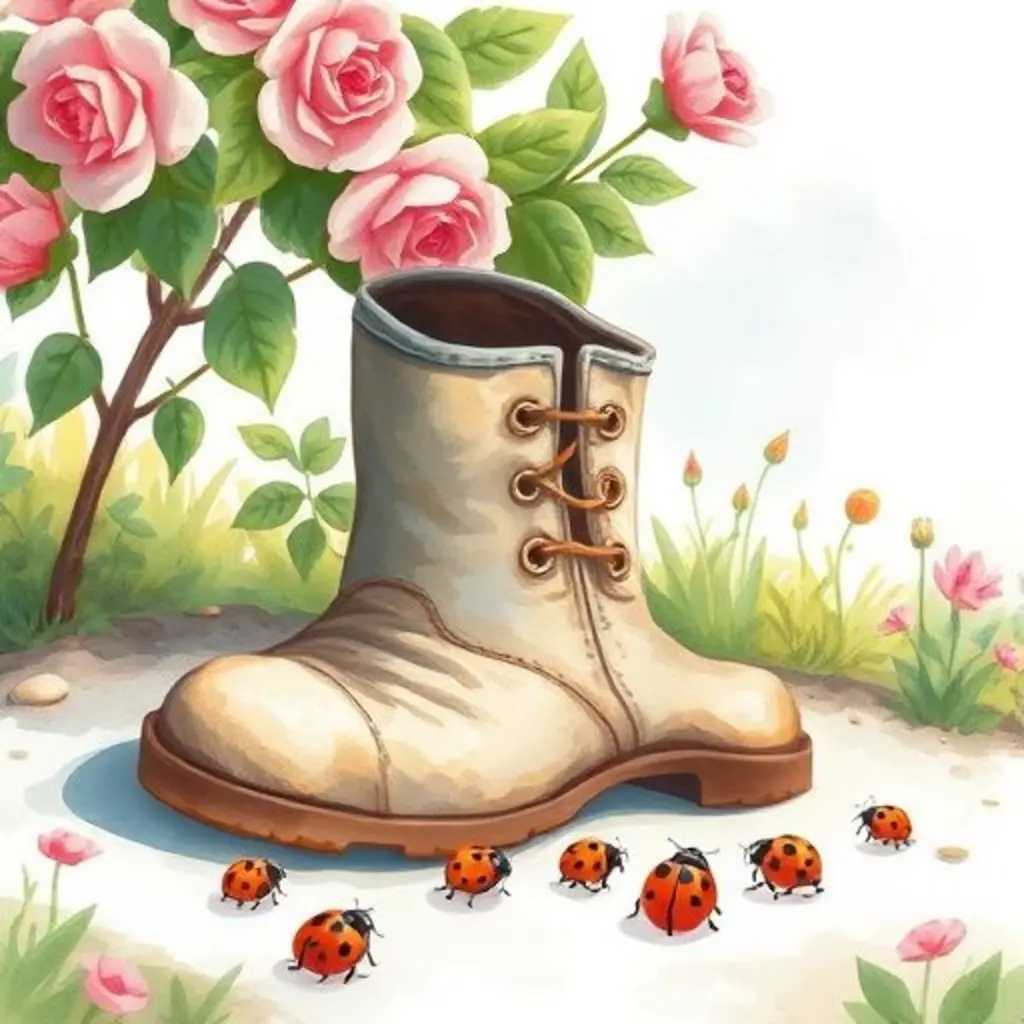 Grumpy el zapato gruñón, primero solo y luego sorprendido por la llegada de mariquitas.