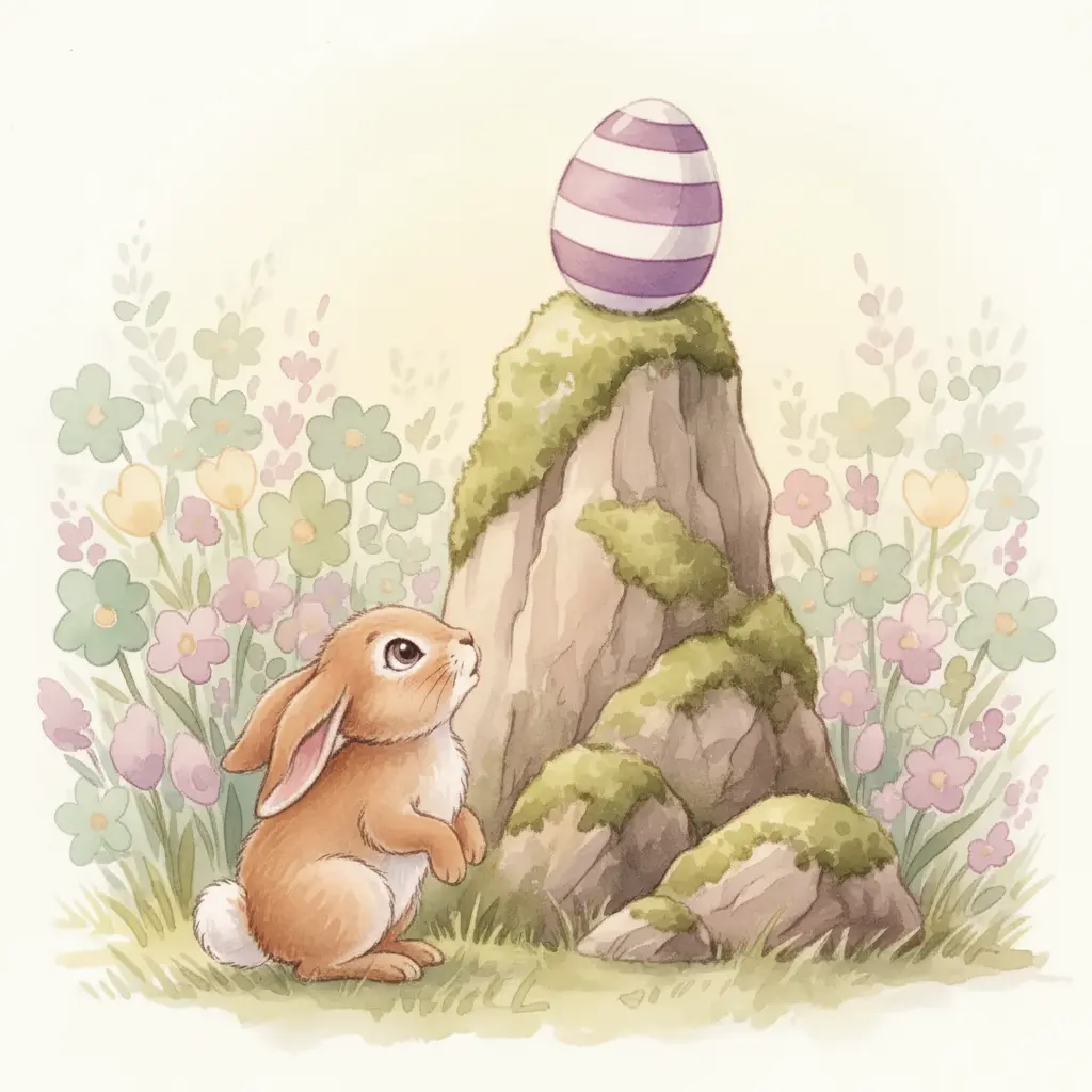 Una conejita marrón mira un huevo morado sobre una piedra alta.