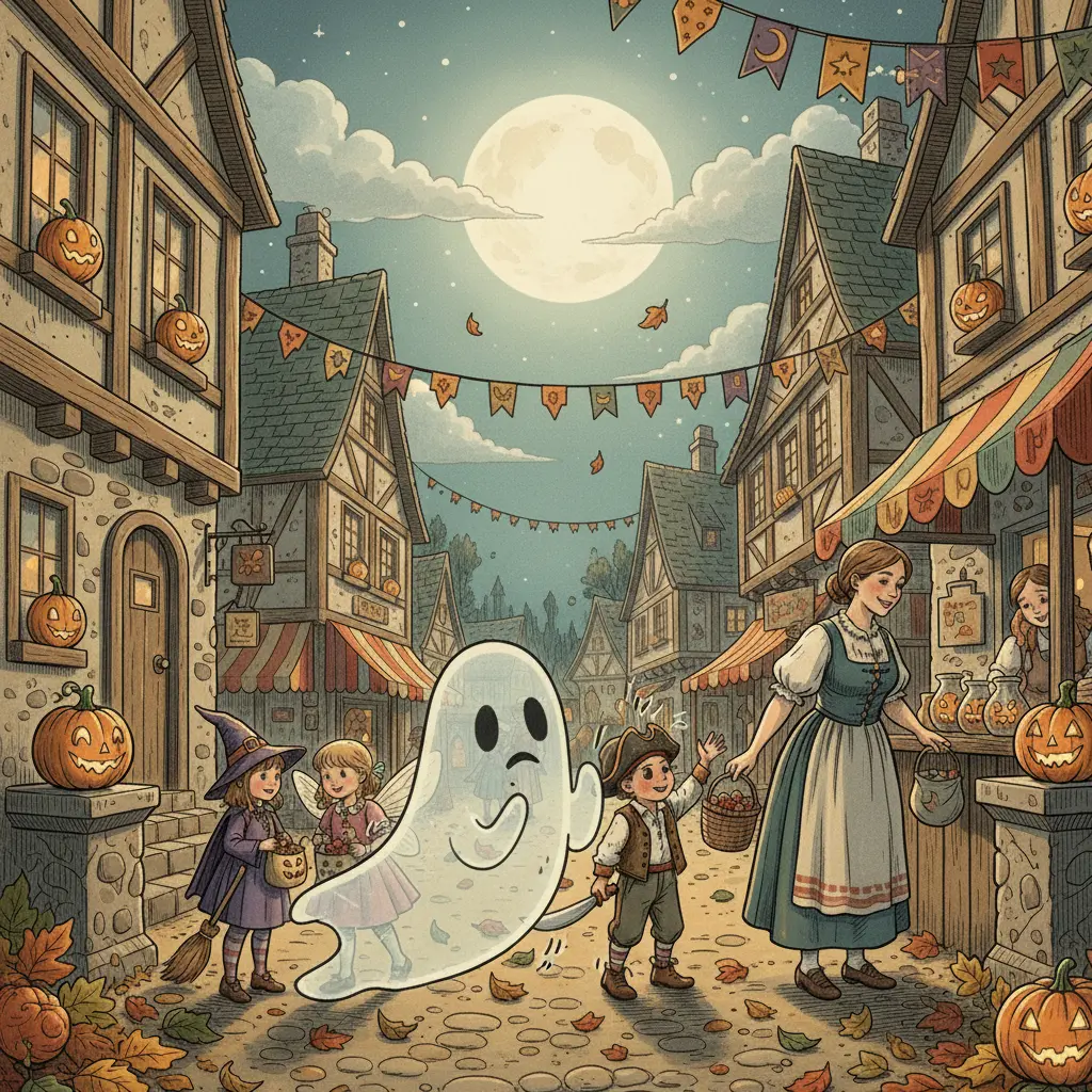 Invisi, el fantasma transparente, intenta chocar los cinco con una niña disfrazada de hada en una calle de Halloween.