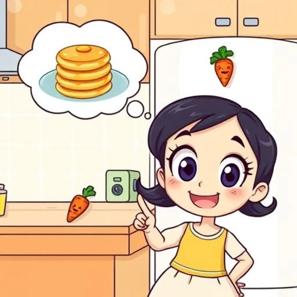 Luna sonríe feliz, imaginando tortitas de plátano, mientras Pegote el imán zanahoria irradia orgullo.