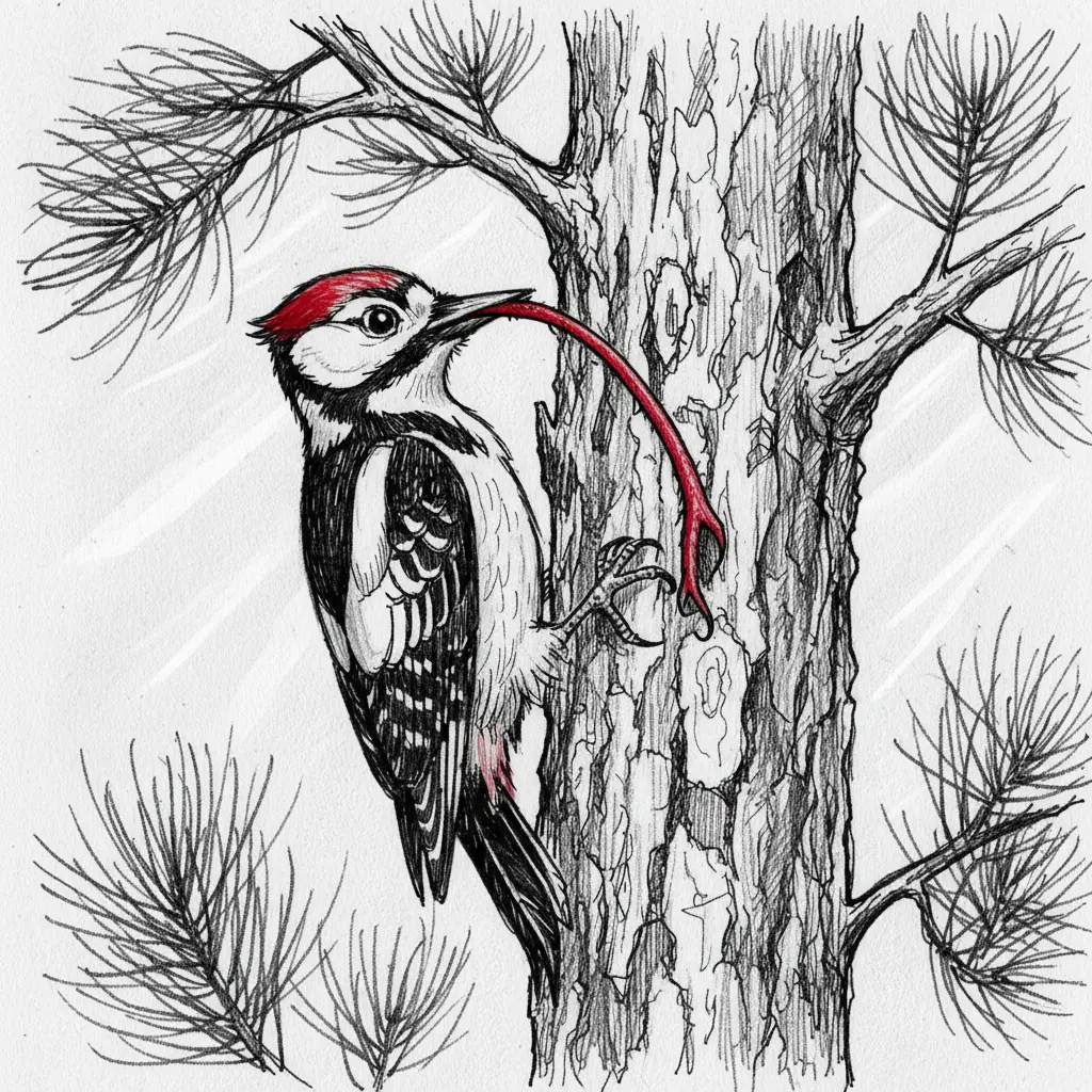 El pájaro carpintero sacando su lengua larguísima para atrapar un insecto dentro de la madera.