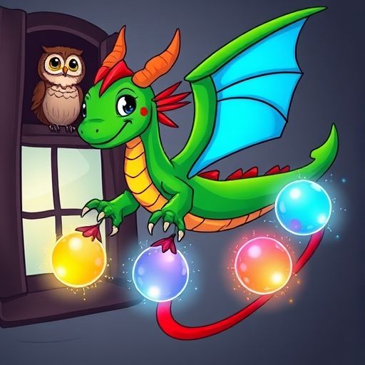 Airela la cometa dragón captura tres sueños brillantes con sus garras de papel, mientras un búho la observa.