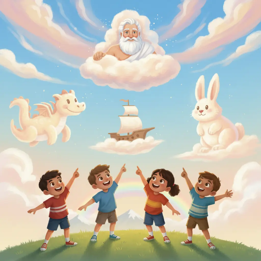Los niños de la Tierra y Zeus disfrutan de las nubes divertidas.