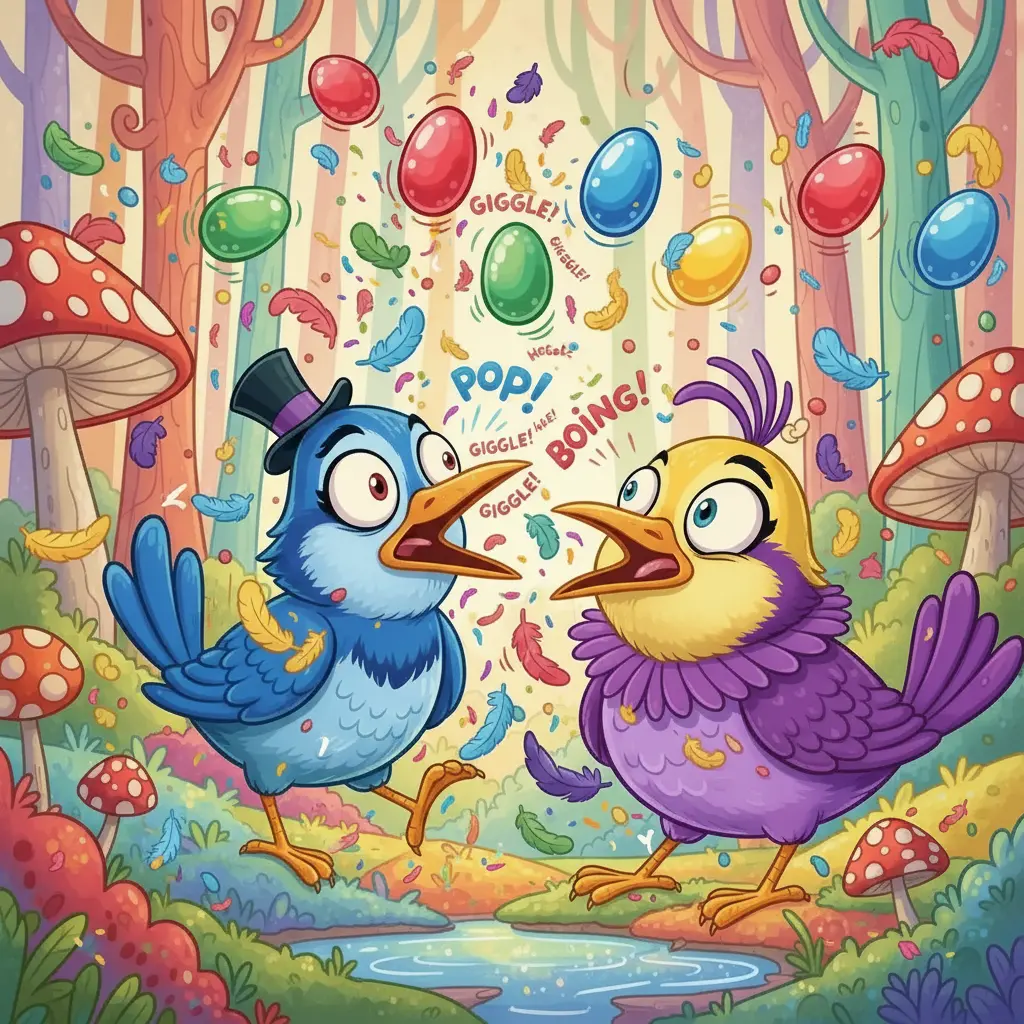 Cada rebote de los huevos de gelatina suelta risitas agudas y plumas de colores que inundan el bosque.