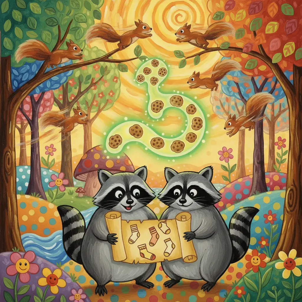 Dos mapaches curiosos miran un mapa del tesoro de calcetines.