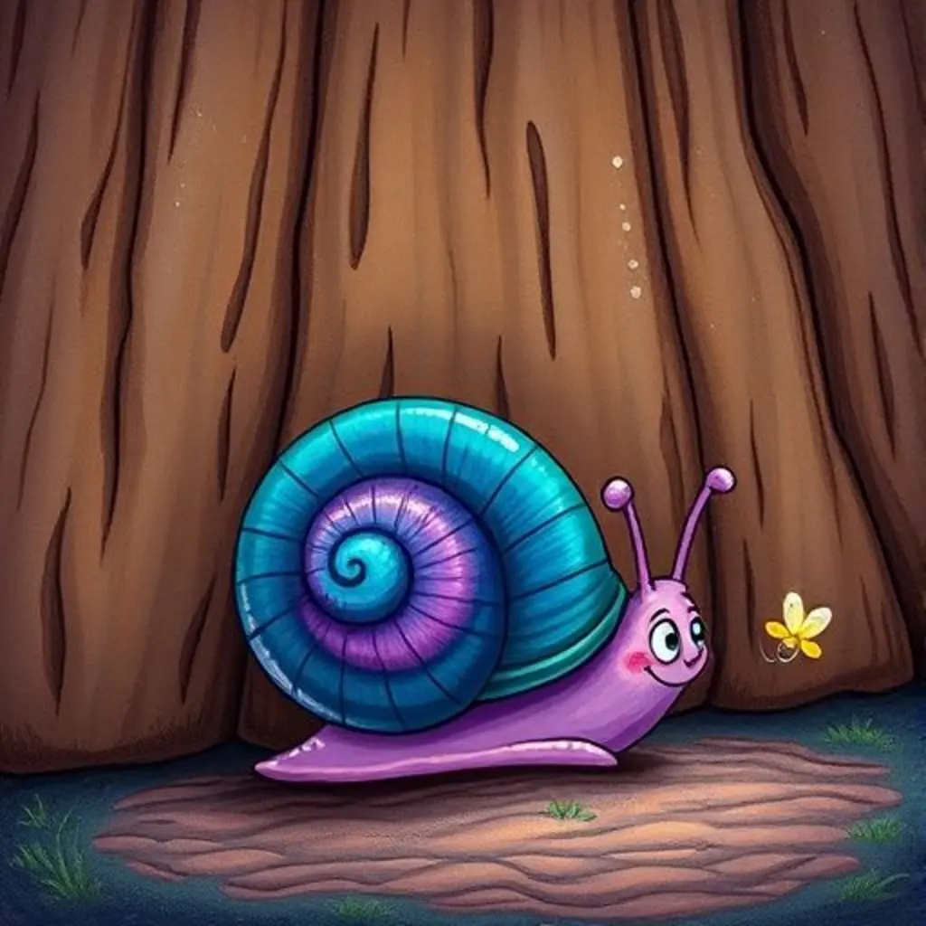 Leo el caracol frente a un gran muro, conversando con una luciérnaga.