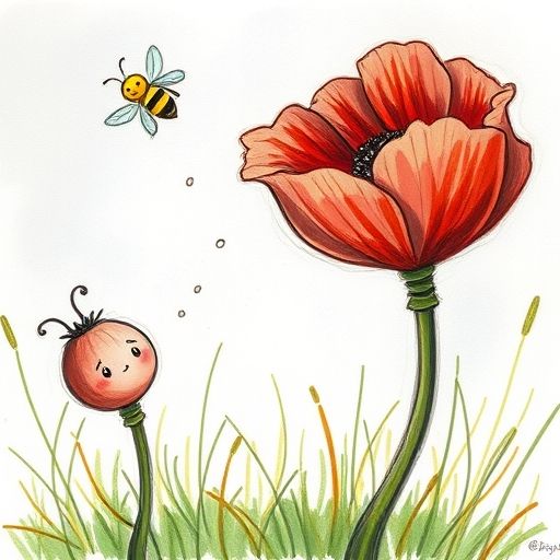 Pipita y otras semillas chocan en el viento, creando un sonido, mientras una abeja curiosa escucha.