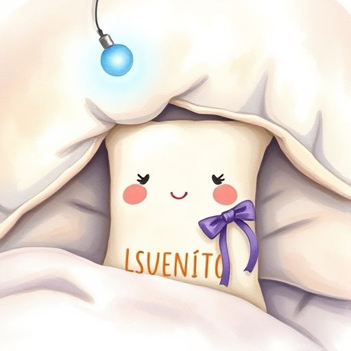 Sueñito, un saquito de lavanda sonriente, descubre una luz azul bajo la almohada.