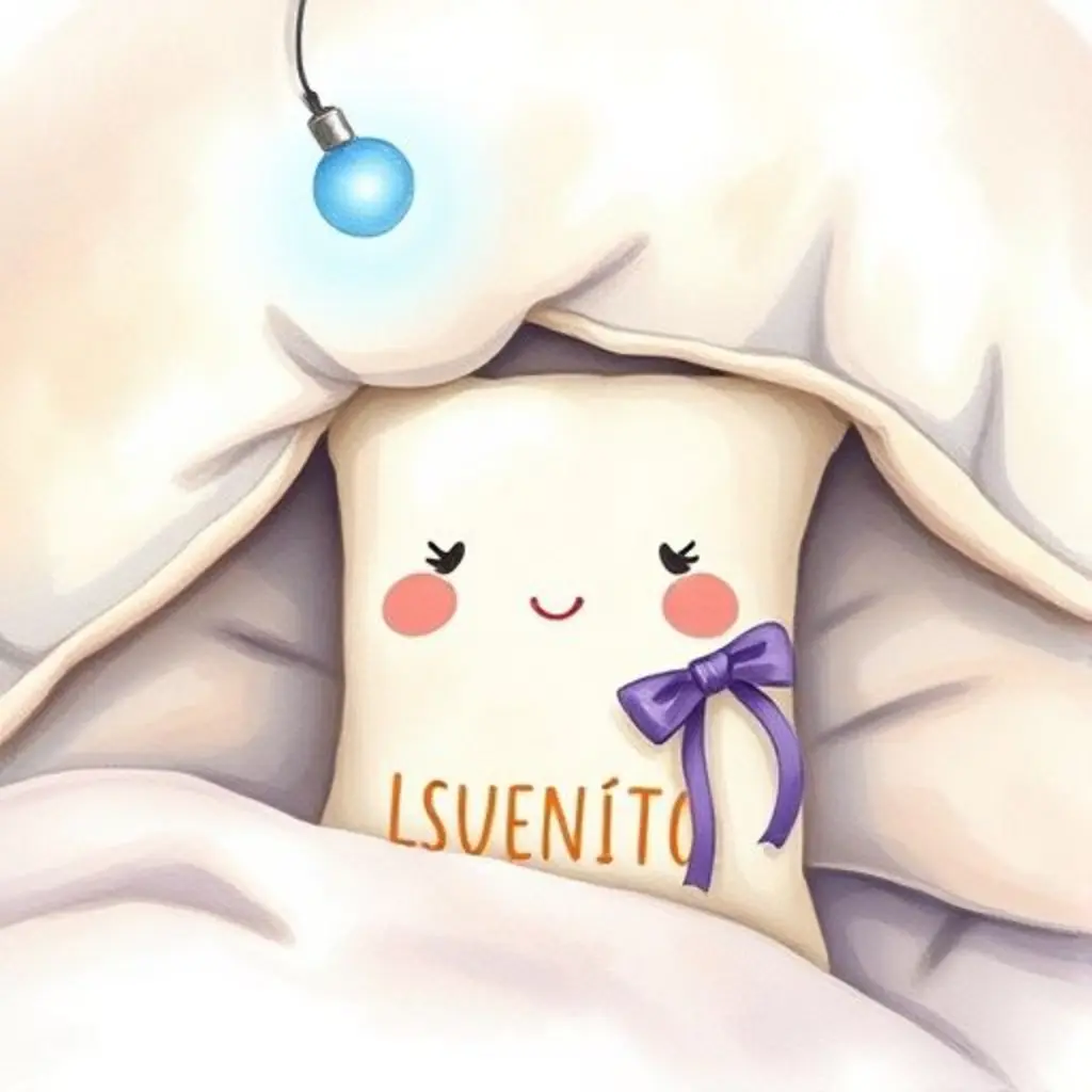 Sueñito, un saquito de lavanda sonriente, descubre una luz azul bajo la almohada.