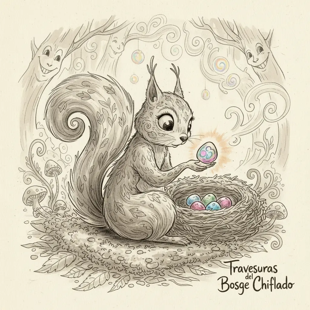 Una ardilla curiosa mirando un nido con piedrecitas que brillan con luz de colores en un bosque mágico.