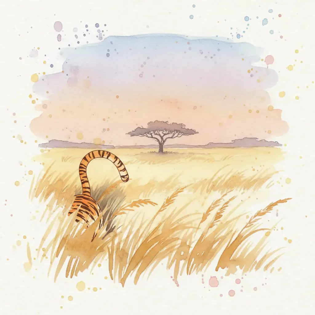 Una cola larga y rayada asomando entre la hierba alta y dorada bajo un cielo de atardecer.