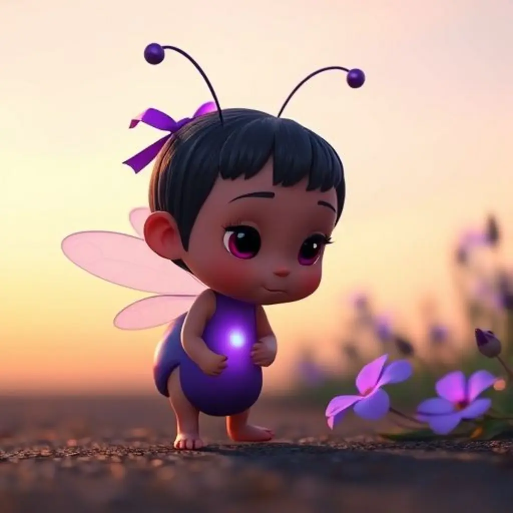 Lita, la luciérnaga, mira una sombra en el suelo de un campo de lavanda.