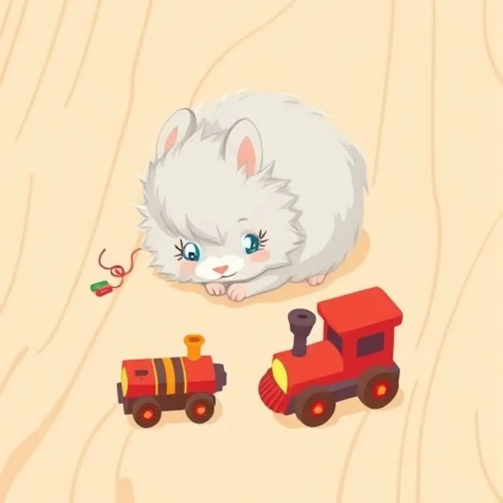 Pelusa rodando por el suelo, recogiendo objetos, y encontrando un tren de juguete triste con una rueda rota.