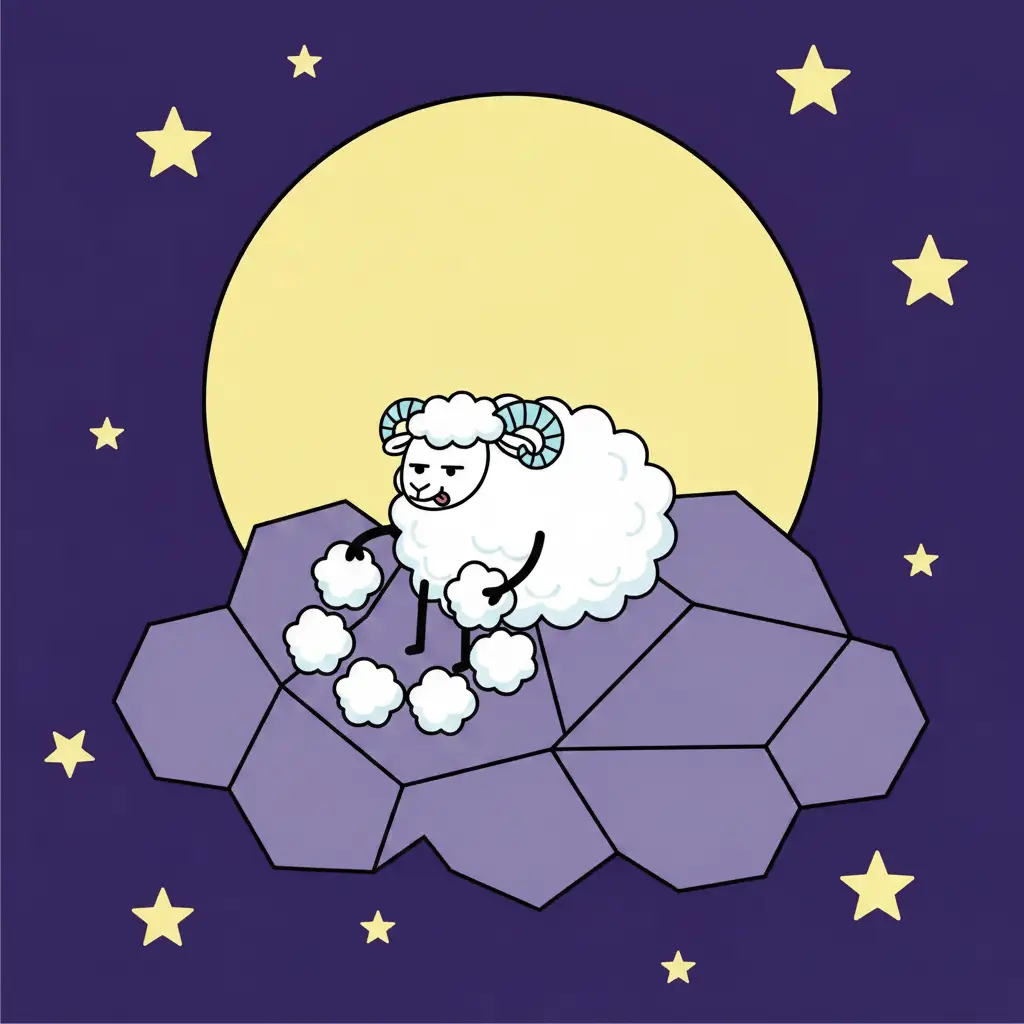 Puff acomodando la lana blanca en forma de círculo sobre una nube violeta.