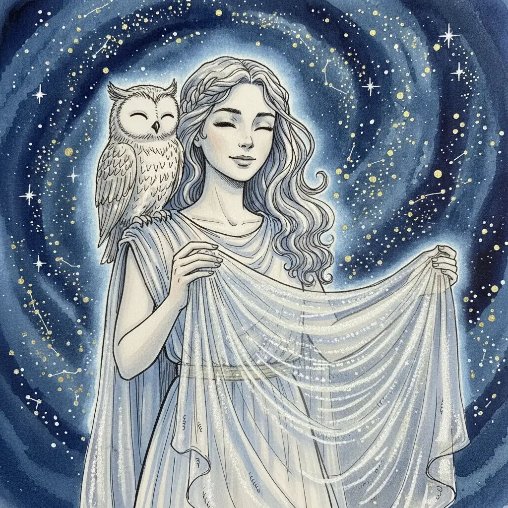 Atenea sostiene el velo ya bordado, que se mueve con una brisa cósmica.