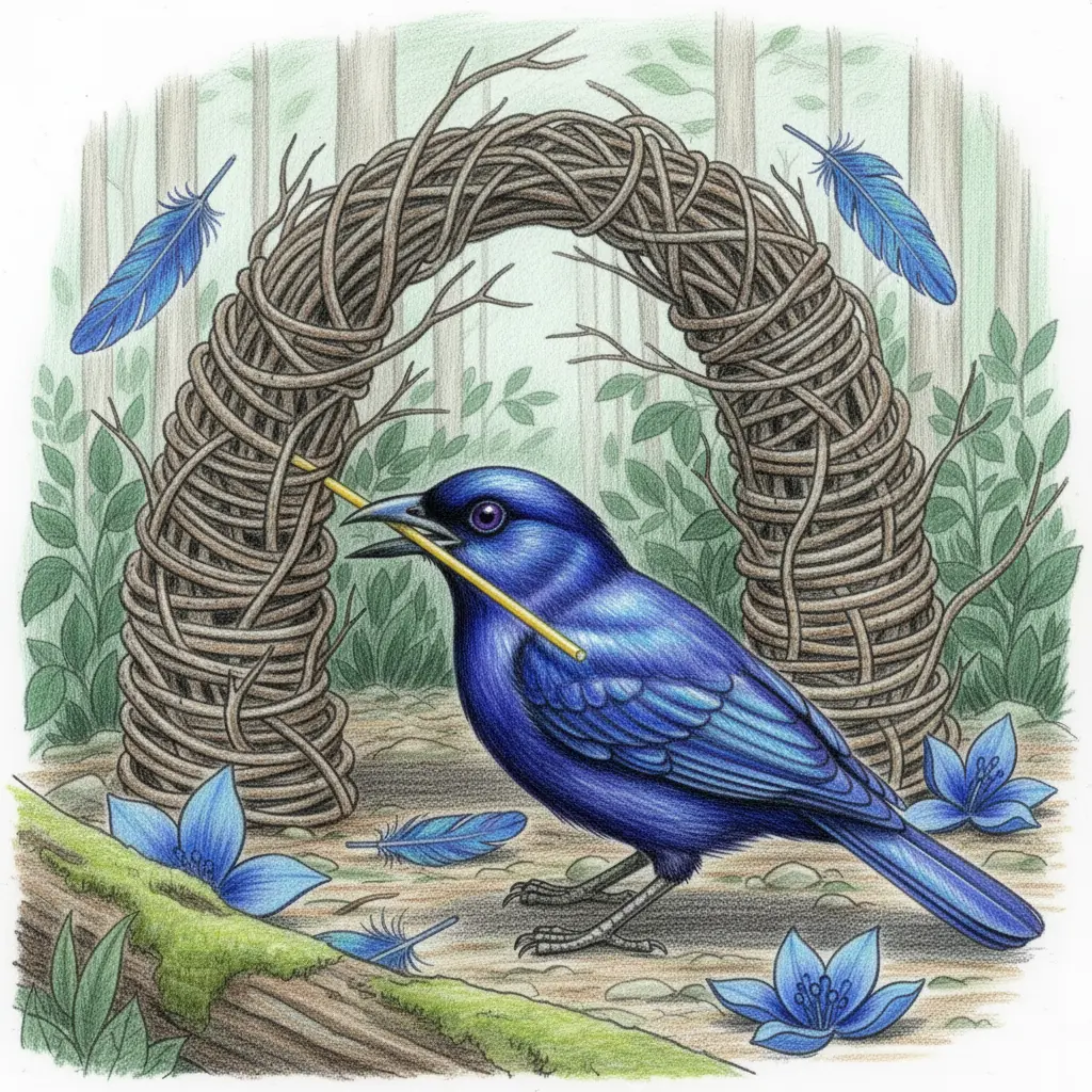 Un pájaro azul oscuro de ojos violetas tejiendo una rama en su construcción.