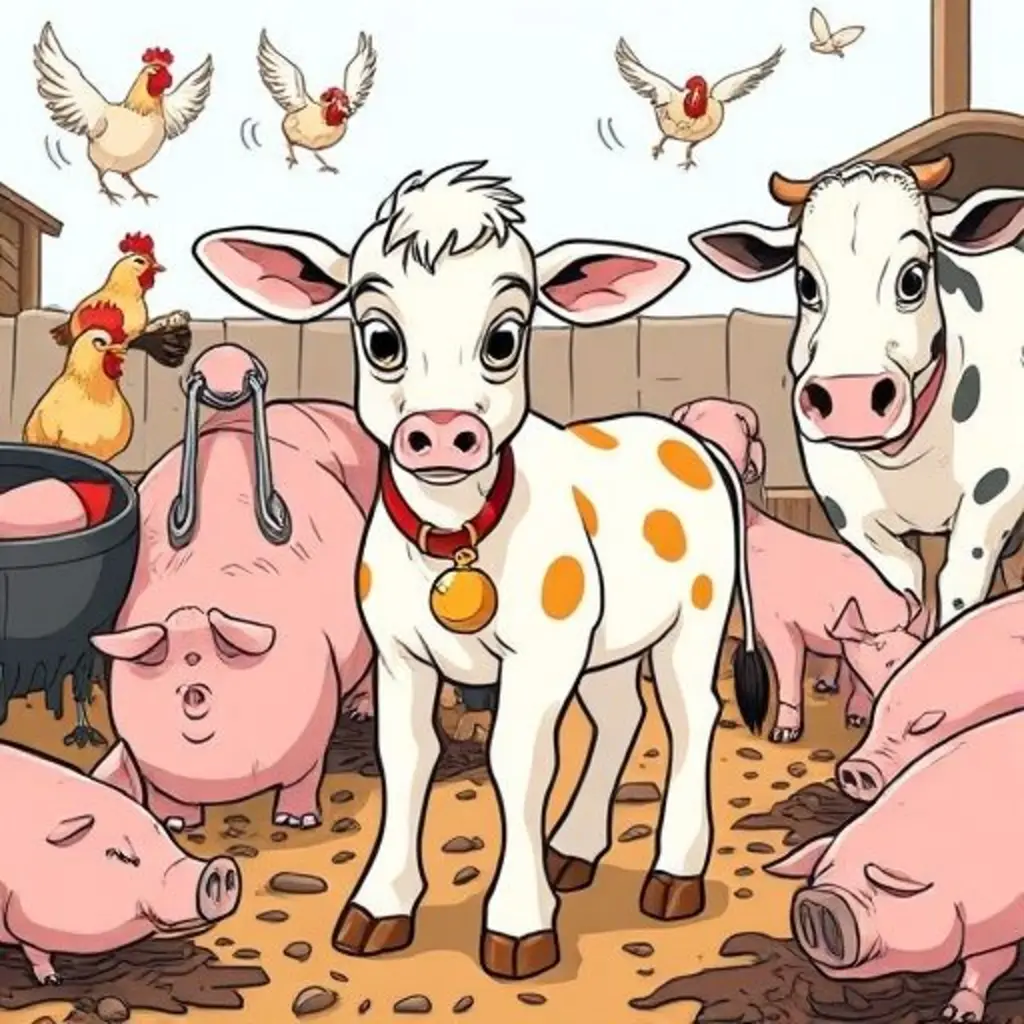 Borja, un ternero juguetón, en una granja ruidosa.