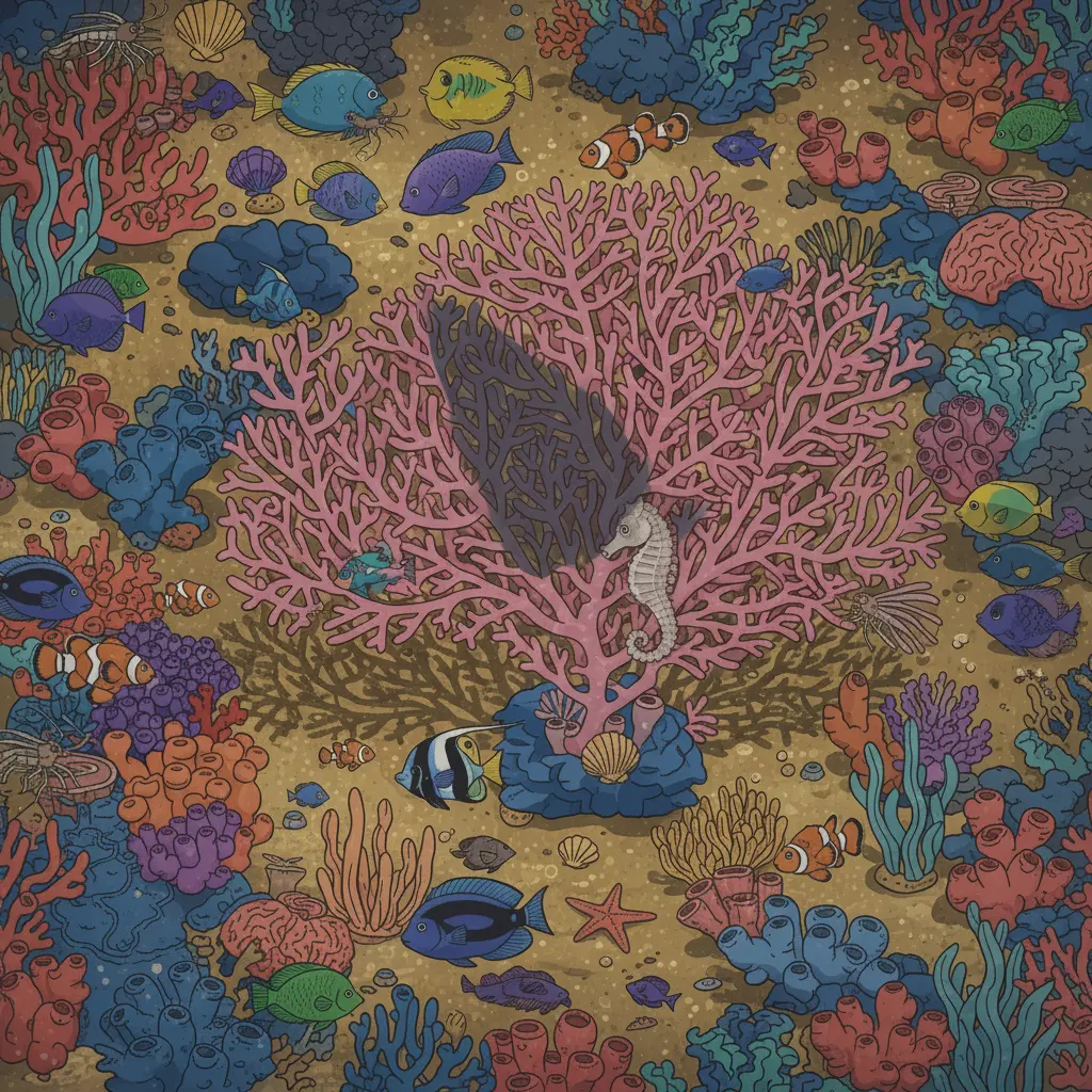 El caballito de mar camuflado bajo la sombra de un pez depredador.